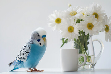 Wall Mural - there is a blue parakeet sitting next to a cup of coffee