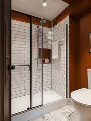 Wall Mural - there is a toilet and shower in a bathroom with a tiled floor