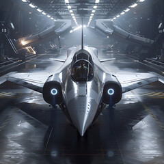 Wall Mural - there is a silver jet sitting on a runway in a hangar