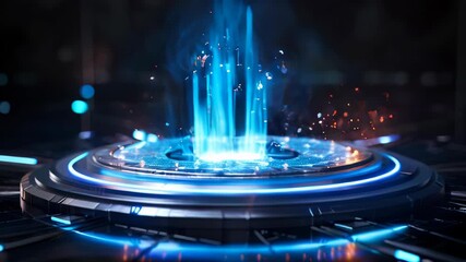 Poster - Digital artwork featuring a futuristic, blue circular platform emitting particles