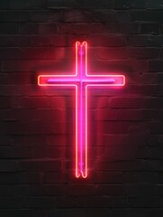 Wall Mural - Neon Cross on Brick Wall