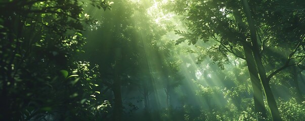 Wall Mural - Sunlight Beams Through Lush Green Forest Illustration