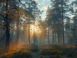 Wall Mural - Misty Forest Sunrise Illustration