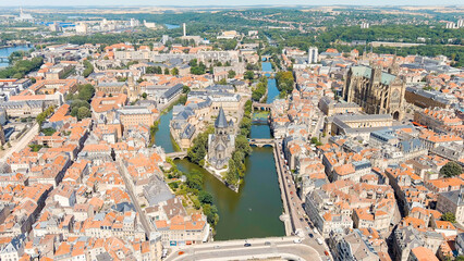 Sticker - Metz, France. New Temple - Protestant Church. Moselle River. View of the historical city center. Summer, Sunny day, Aerial View