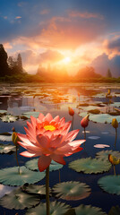 Wall Mural - lotus flower in the water with sun setting in the background