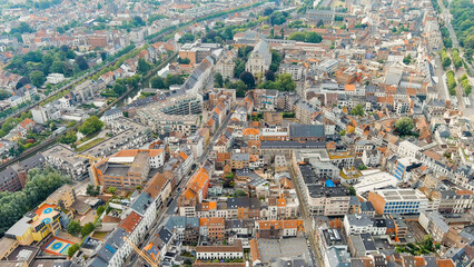 Ghent, Belgium. Panorama of the central city from the air. Cloudy weather, summer day, Aerial View