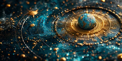 Wall Mural - abstract cosmic artwork depicting a golden and blue planetary system with intricate details and star