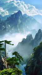 Wall Mural - mountains with a lake and pine trees in the foreground