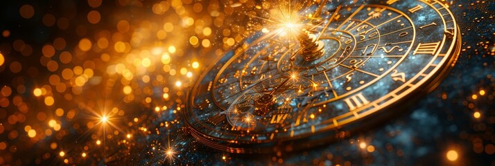 Wall Mural - close-up of an antique astrolabe with intricate golden details and a starry background, symbolizing 