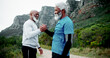 © peopleimages.com - Hiking, friends and men on mountain with handshake for walking, trekking or fitness. Travel, nature and happy senior people outdoors for wellness, health or exercise on holiday, adventure or vacation
