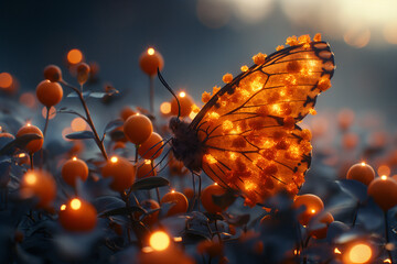 there is a butterfly that is sitting on a bush of oranges