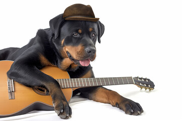 araffe dog with a hat and a guitar on a white background