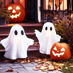 Spooky Halloween scene with jack-o-lanterns, ghosts and holiday decorations.