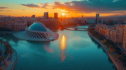 Wall Mural - Sunset over Cityscape with Modern Architecture and Water