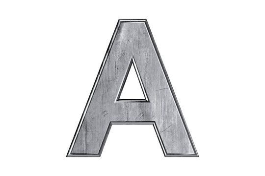 Letters made of rough, scratched and damaged metal. 3d illustration of iron alphabet isolated on white background