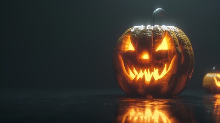 Spooky Halloween Jack-O'-Lantern Glaring in the Dark - 4k Photorealistic Image with Eerie Illumination