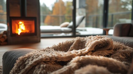 Poster - A fluffy brown blanket lies on a grey couch, with a fireplace burning brightly in the background. A window allows light to stream in from a snowy day outside, creating a warm and inviting atmosphere.