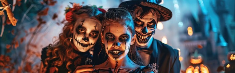 Poster - Three friends are dressed in spooky Halloween costumes, with ghoulish makeup and festive decorations in the background. Their costumes are elaborate and creative, and they are all smiling and having f