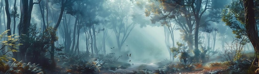 Wall Mural - Misty Forest Path Illustration - A Serene Path Through a Foggy Forest with Tall Trees