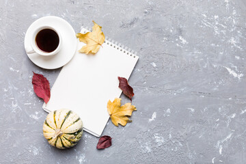 Wall Mural - Autumn composition: fallen leaves and craft sketchbook mock up on colored background. Top view. Flat lay with copy space