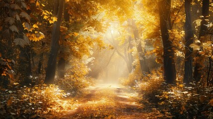 Poster - A sunlit path winds through a dense autumn forest. Golden leaves cover the ground and the trees, while sunlight filters through the branches, creating a magical atmosphere.
