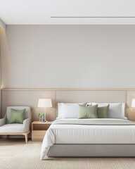 Wall Mural - Elegant hotel room with stylish furniture, natural colors and neutral lighting. Hotel interiors decor composition.