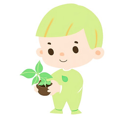 Wall Mural - An illustration of a boy holding a pot with a green plant