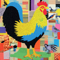 Colorful rooster collage art