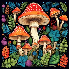 Wall Mural - Illustration of red and white toadstool mushrooms with green leaves and yellow flowers on a black background. Mushrooms are the main focus, surrounded by various plants.