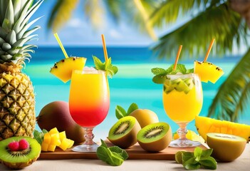 Wall Mural - colorful cocktail arrangements featuring exotic fruits like passion perfect parties celebrations, vibrant, pineapple, mango, kiwi, glass, garnish