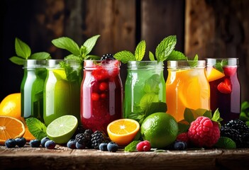 Wall Mural - vibrant assortment fruit infused beverages displayed rustic wooden showcasing refreshing colors natural ingredients, infusion, drink, refreshment, slice