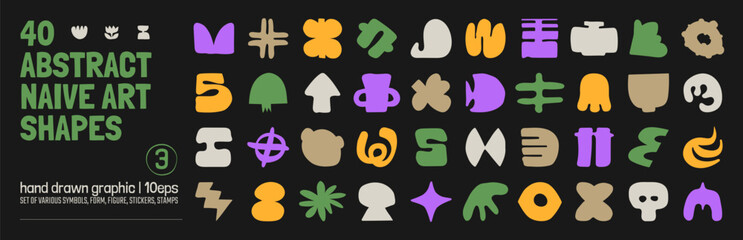 Aufkleber - Collection of various hand drawn bizarre abstract geometric unusual shapes, forms in matisse art style, Childish freehand aesthetic, Vector naive doodle primitive object and graphic elements, set 3