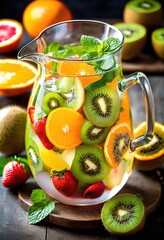 Wall Mural - vibrant exotic fruit infusion displayed clear glass pitcher colorful fruits refreshing water, tropical, citrus, kiwi, mango, pineapple, berry, strawberry