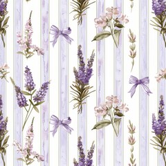 Wall Mural - This seamless geometric pattern features gentle poppy floral bouquets with bows and vertical watercolor stripes. Wallpaper design.