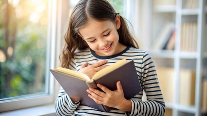 Smiling young girl reading a book by a sunny window. Ideal for educational content, family blogs, or social media. Bright and cheerful color scheme.