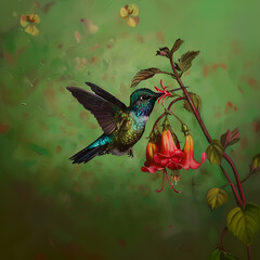 Wall Mural - painting of a hummingbird feeding on a flower with a green background