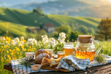 A picturesque outdoor breakfast featuring bread, honey, and tea in a blooming meadow