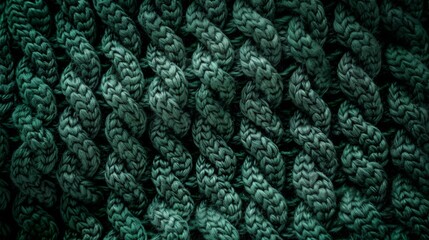 Green woolen knitting fabric texture background. Knit backdrop. Warm winter sweater or scarf, knitwear