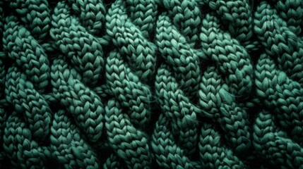 Green woolen knitting fabric texture background. Knit backdrop. Warm winter sweater or scarf, knitwear