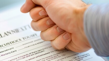 Wall Mural - Closeup of two hands shaking firmly above a signed agreement document, showcasing a mutual agreement during a professional interaction