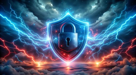 Poster - Cyber Security and Data Protection Concept – Safeguarding Against Cyberattacks with Database Security Software Development on Blue Background