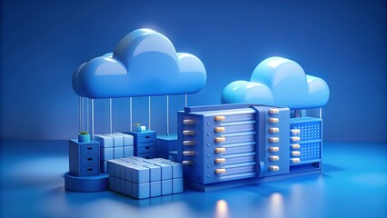 Poster - Cloud Storage Technology 3D Render Illustration – Online Data Storage and Cloud Computing with White Cloud on Blue Background