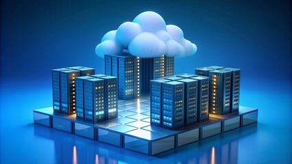Poster - Cloud Storage Technology 3D Render Illustration – Online Data Storage and Cloud Computing with White Cloud on Blue Background