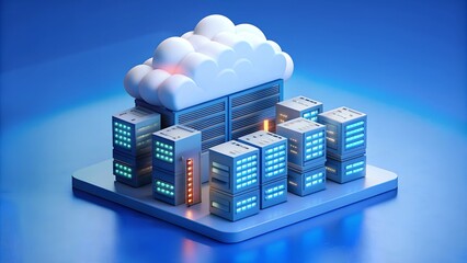 Poster - Cloud Storage Technology 3D Render Illustration – Online Data Storage and Cloud Computing with White Cloud on Blue Background