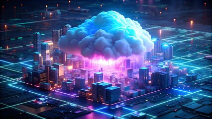Poster - Technology Networking and Digital Communication Concept – Cloud Computing, Web Storage, AI, and Global Social Media with Futuristic Binary Background