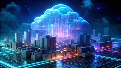 Poster - Technology Networking and Digital Communication Concept – Cloud Computing, Web Storage, AI, and Global Social Media with Futuristic Binary Background