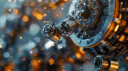 Poster - Close up view of a complex mechanical gear system, highlighting its intricate details and the smooth, metallic surfaces.