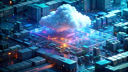Poster - Technology Networking and Digital Communication Concept – Cloud Computing, Web Storage, AI, and Global Social Media with Futuristic Binary Background