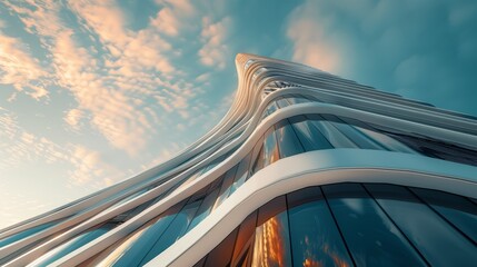 Low angle view of a modern skyscraper with a curved facade against a blue sky with white clouds.