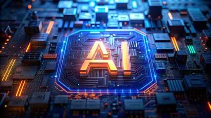 Poster - motherboard with ai chip - concept of artificial intelligence technology and microprocessor on pcb c